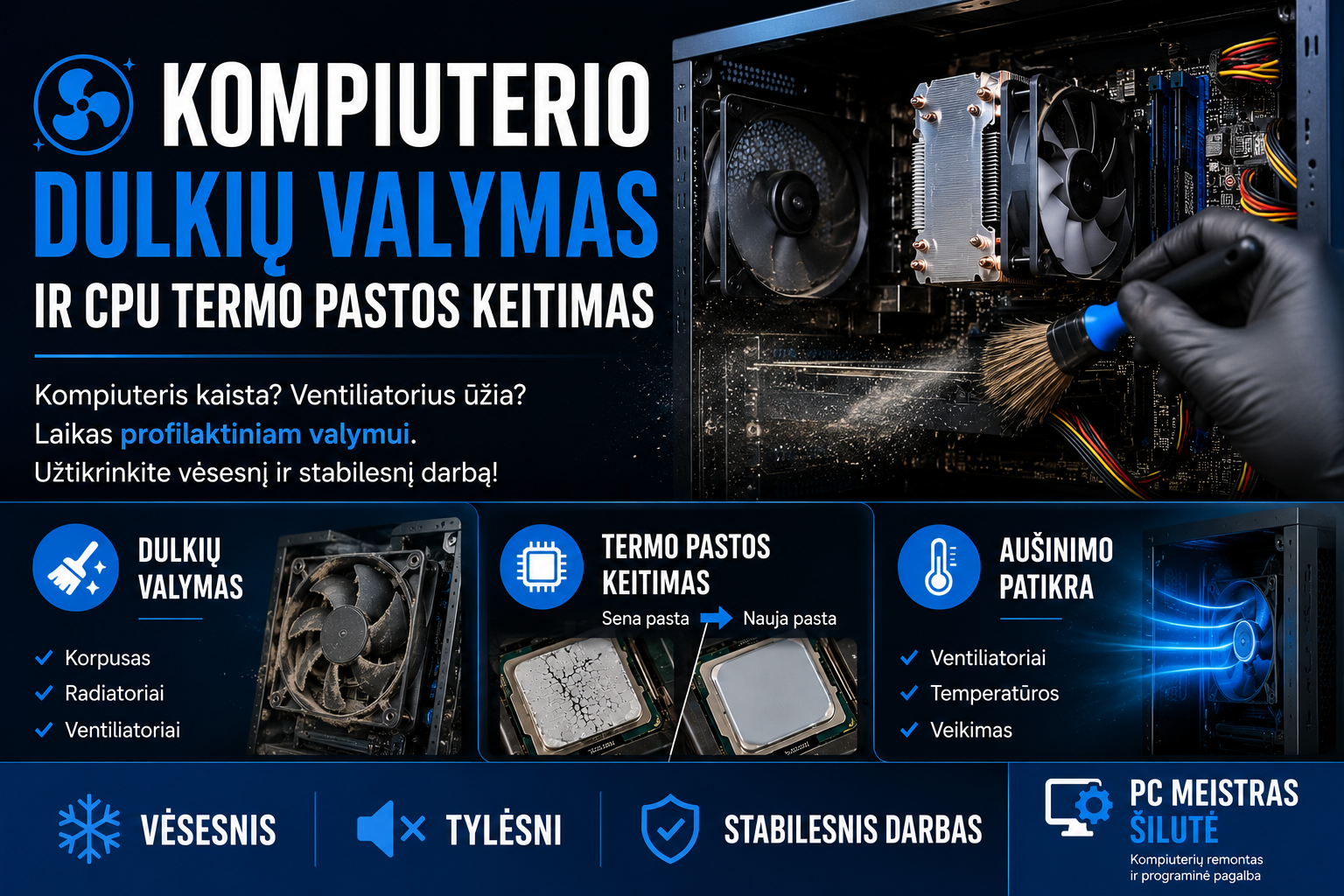 Kompiuterio dulkių valymas ir CPU termo pastos keitimas Šilutėje